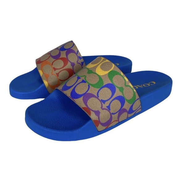 COACH Men's Signature Rainbow Logo Pride LGBTQIA Slides Sandals Size 9 New NIB - Picture 5 of 6